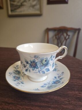 Vintage Queen Anne Blue Floral Bone China Teacup and Saucer